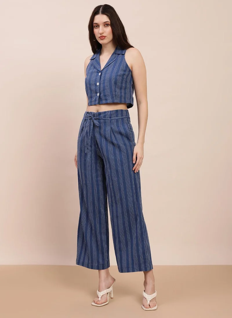 globus Globus Women Blue Self-Design Notched Lapel Crop Shirt & Wide Leg Trousers Workwear Co-Ord Set